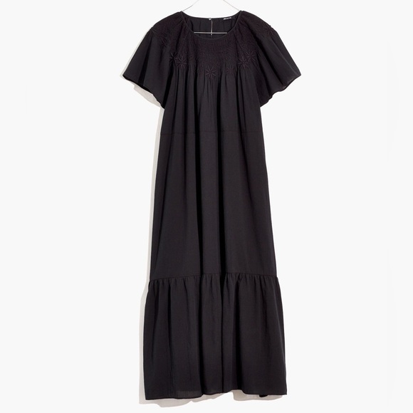 Madewell Black Cotton Embroidered Smocked Midi Dress Size Small - Picture 2 of 11